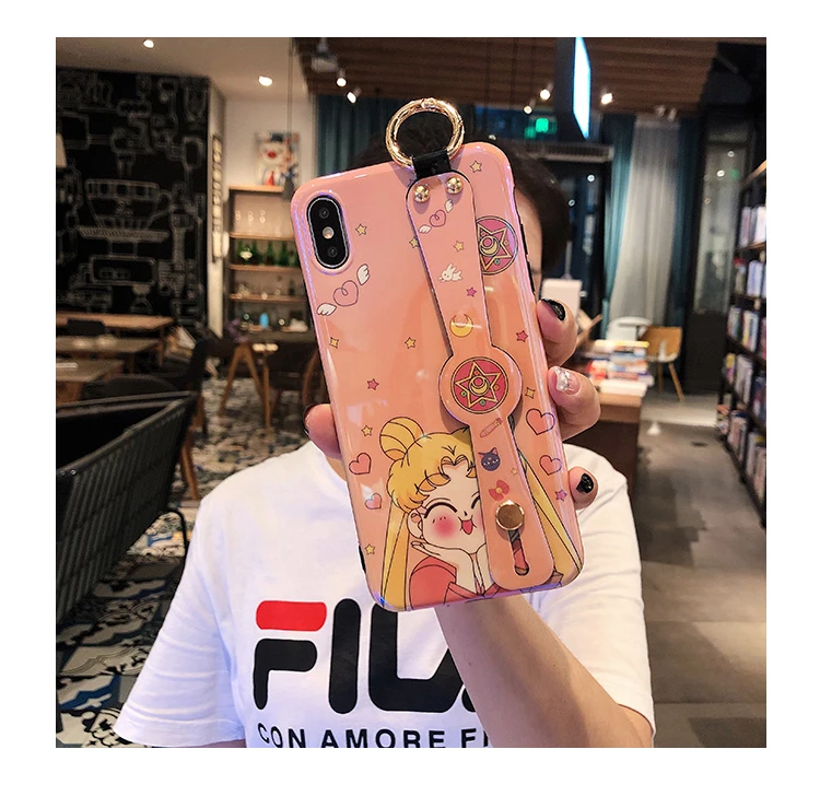 as picture Мягкий чехол для iphone XR XS max X pink Sailor Moon с ремешком на запястье для iphone 8plus 7 7plus 6 6S 6p с рисунком тарако - Цвет: as picture