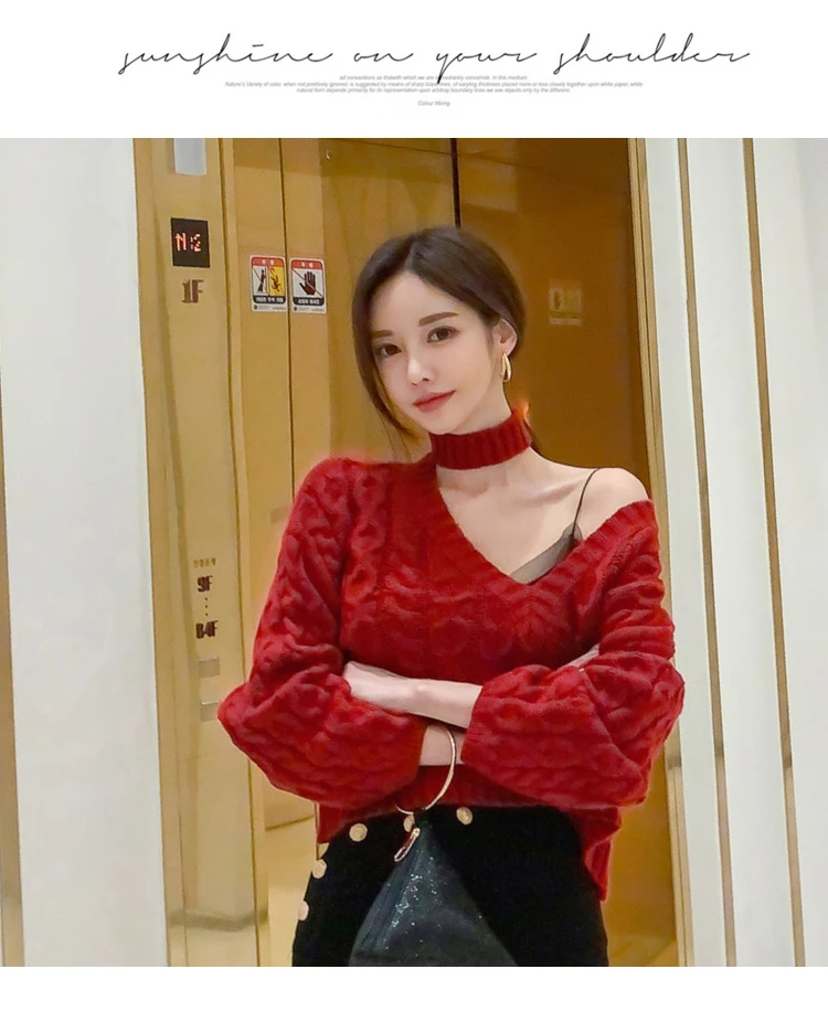 Korean style loose short twist halter sexy strapless ladies temperament long-sleeved knitted sweater