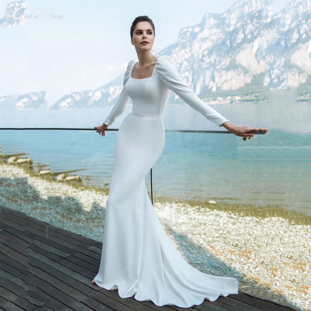 PROD 1005003370418316 Puff Sleeve Satin Mermaid Wedding Dress Long
Sleeve Bridal Robes Square Neck Bride to Be Sweep Train Vestido De Novia