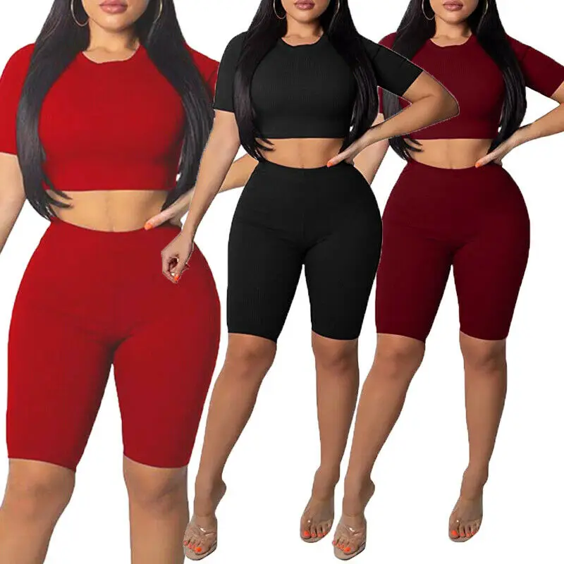 

New Style Women Yoga Set Stylish Top and Shorts 2 Piece Set Bodycon Outfit Short Sleeve Sport Skinny High Waist Fashion Hot 2019