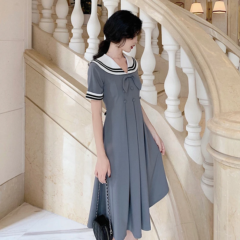 Women Casual A-Line Dress Preppy Style Solid Short Sleeve Bow Knee-Length Dress Summer Sweet Sailor Collar Empire Gray Dress