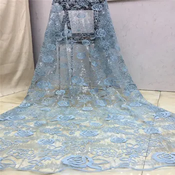 

African 3d lace embroidered fabric french net tulle mesh sequence 2020 high quality Sky blue Swiss voile cord sequins lace