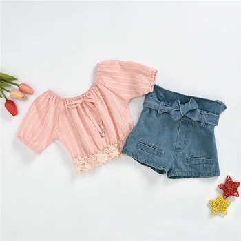 

1-5Y Fashion Girls Clothing Summer Set Toddler Kids Baby Girls Short Sleeve Pink Stripe Lace Tops+Denim Shorts Outfits Sets