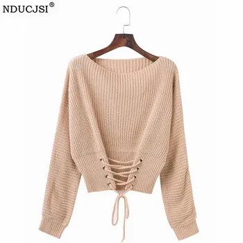 

Pullover Sweater Bandage Autumn And Winter Women Slit Neckline Strapless Sweater Thickening Pullovers Casual Basic Tops