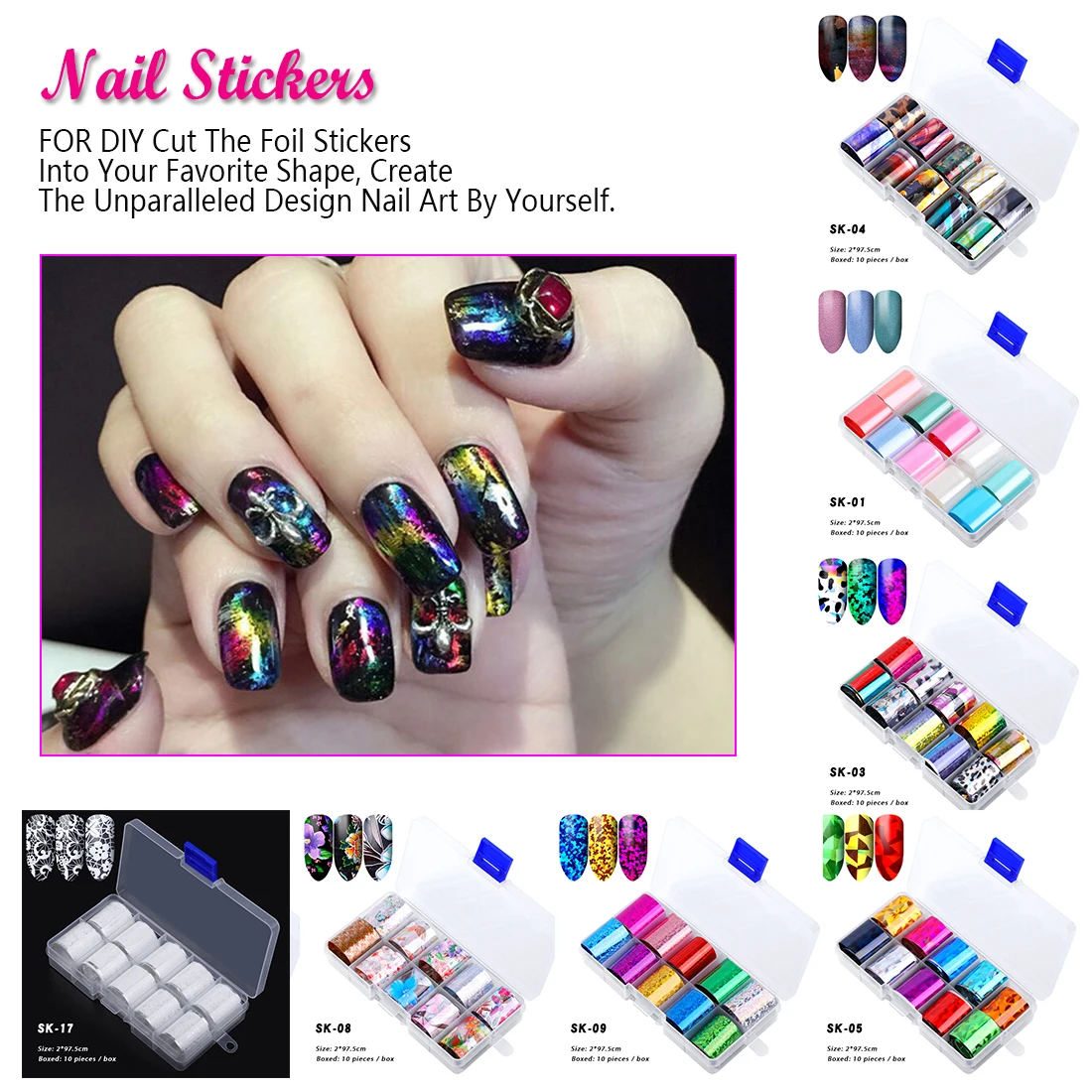 10Pcs Holographic Nail Foil Set Transparent AB Color Transfer Sticker Decorations Mix Designs Manicure Nail Art Decals