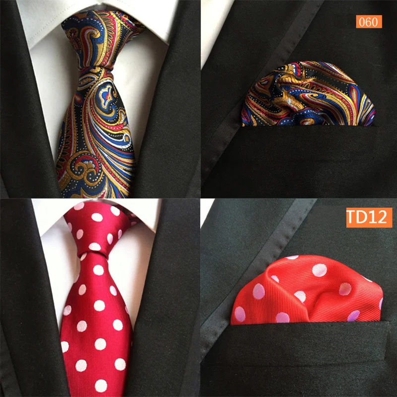 Ricnais Fashion 8cm Silk Tie Set Bule Red Floral Polka Dot Handkerchief  Necktie For Men Business Wedding Neck Ties Accessories