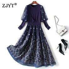 

Elegant Fashion Autumn Winter Knitwear Vestido Lantern Sleeve Mesh Embroidery Sweater Dress for Women 2021 Casual Robe Femme