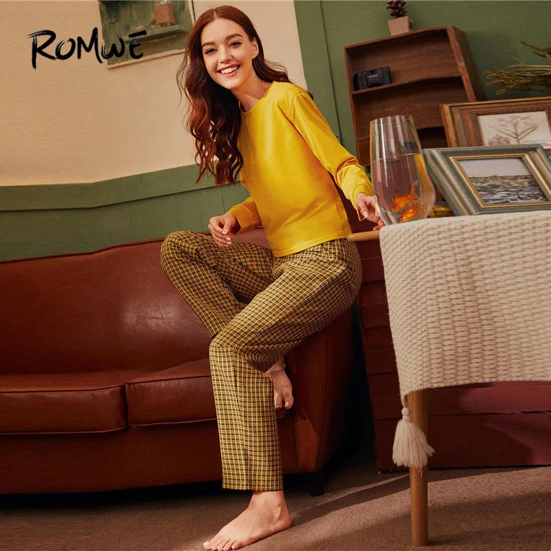 ROMWE/желтая клетчатая пижама с длинными рукавами для женщин; сезон весна-осень; повседневная одежда для сна; длинные штаны; пижамный комплект из 2 предметов; милая одежда для сна