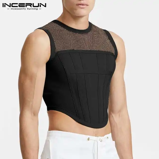 2021 Men Tank Tops Mesh Patchwork Round Neck Streetwear Sleeveless See Through Vests Sexy Party Nightclub