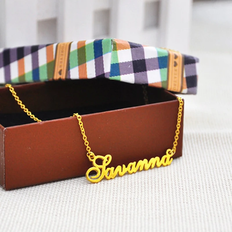 Golden Necklace With Personalized Name Charm Solid Engraved Nameplate Pendent Christmas Gift Collar