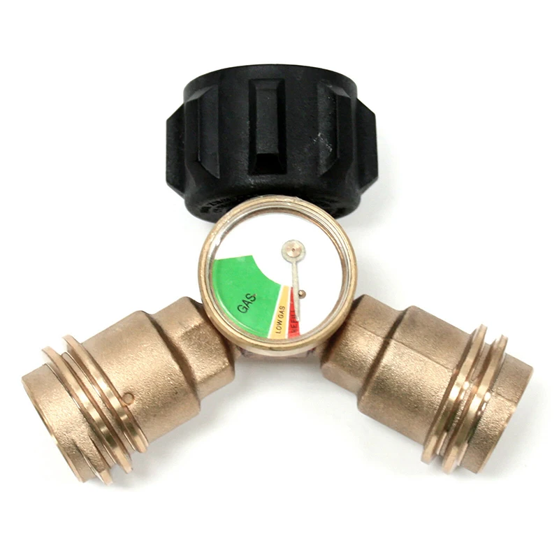 

LP Propane Y Splitter Adapter Connector Tee w/ Tank Gauge Pressure Meter QQC1 for Outdoor cooking eating BBQ tools parts