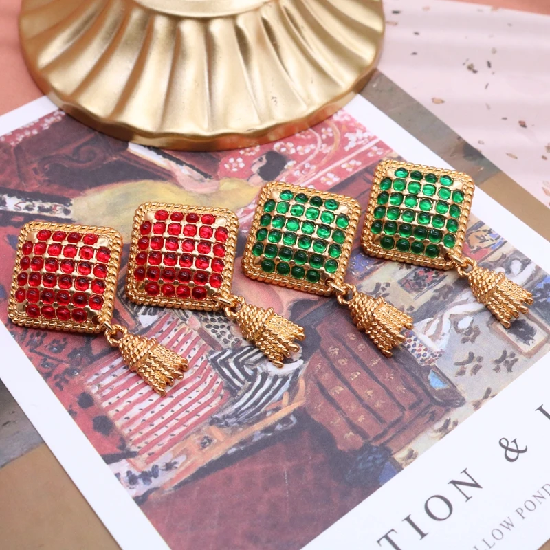 

Antique Earrings Jewelry Geometric Red Green Gem Stone Trend Party Luxury Accessories Femme Mujer