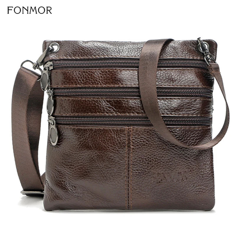 

Fonmor Men Messenger Bag Genuine Leather Cross Body Shoulder Bag Multiple Zipper Layer Brown Soft Cowhide Bags For Male Casual