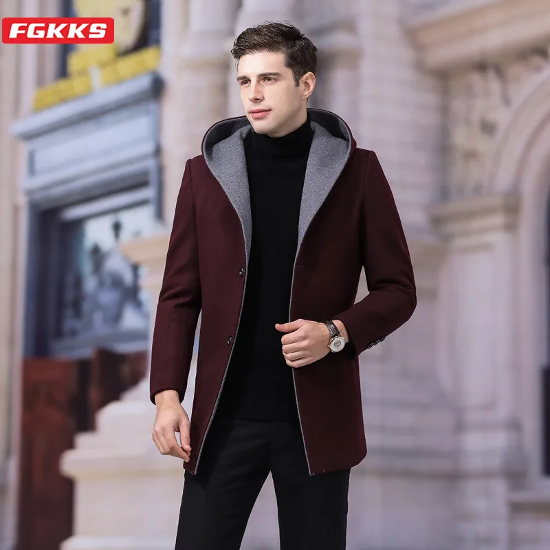 FGKKS Men Solid Wool Blend Coats Fashion Brand Men's Slim Long Section Overcoat Winter New Hooded Casual Wild Wool Coat Male FGKKS Men Solid Wool Blend Coats Fashion Brand Men's Slim Long Section Overcoat Winter New Hooded Casual Wild Wool Coat Male
