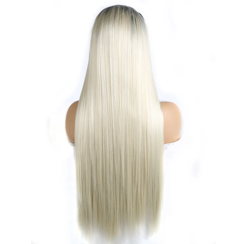 Polegadas de Cabelo Dianteira do Laço Parte do Meio com Raízes Carisma Reto Longo Peruca Sintético Ombre Loira Balck Perucas Louras 26 5 loira parte do meio com raízes balck perucas louras