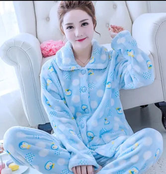 

Cartoon Casual Sleep Set Lady 2PCS Pajamas Suit Sleepwear Flannel Lovely Pijamas Coral Fleece Winter Warm Nightwear Home Clothes