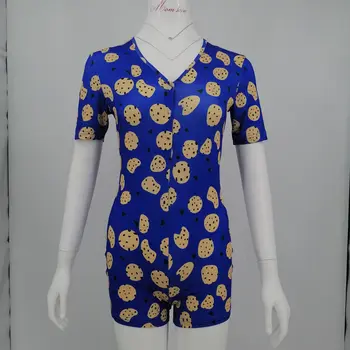 

2020 Summer Short Sleeve Stretch Sexy Onesie Pajamas Adult Women'S Tights Short Tight Biscuit Pattern Adult Onesie