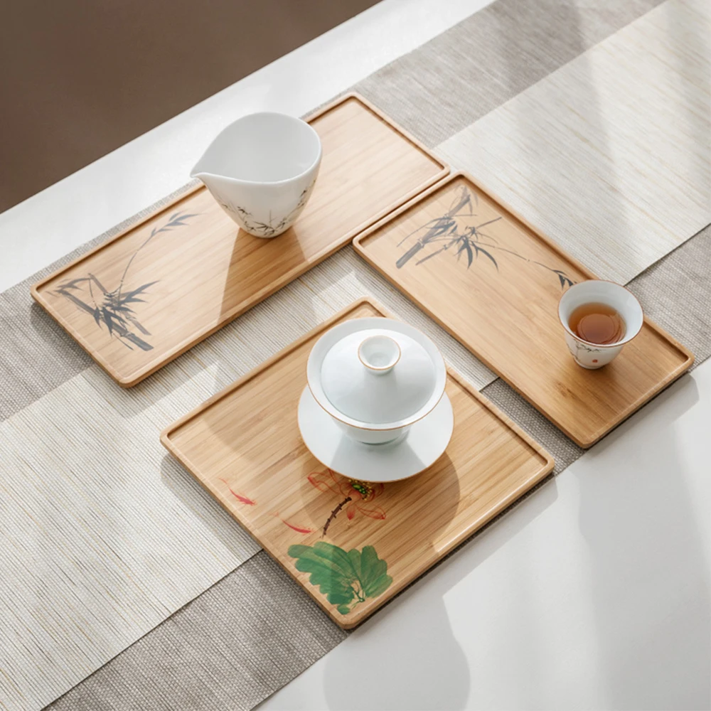 

Chinese Style Hand Painted Bamboo Tea Tray For Teacup Teapot Eco-friendly Retro Bamboo Plate For Dessert Cake Snacks Dry Fruits