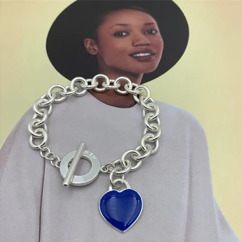 

SHINETUNG Original 100% S925 Sterling Silver Circle Clavicle Chain Girls Dark Blue Heart Charm Bracelet Women's Logo Exquisite H