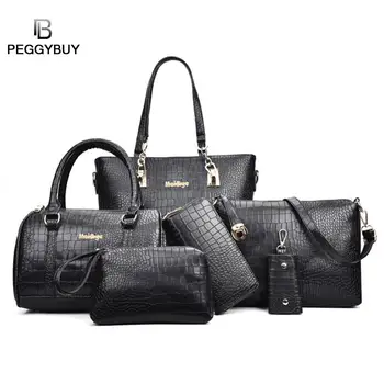 

6pcs/set Solid Color Crack Shoulder Handbags Clutch Leather Women Card Bags Solid Color Handbag Ladies Girls Purse Shoulder Bag