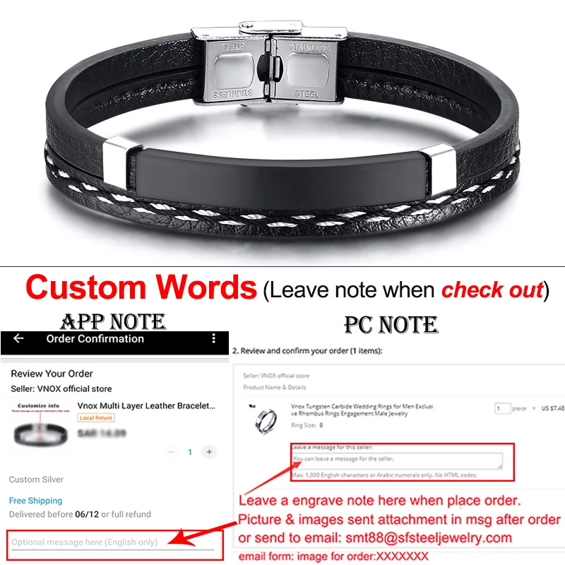 Vnox многослойные кожаные браслеты для мужчин и женщин, настраиваемый гравировальный браслет из нержавеющей стали, повседневный персонализированный браслет - Окраска металла: Custom Black