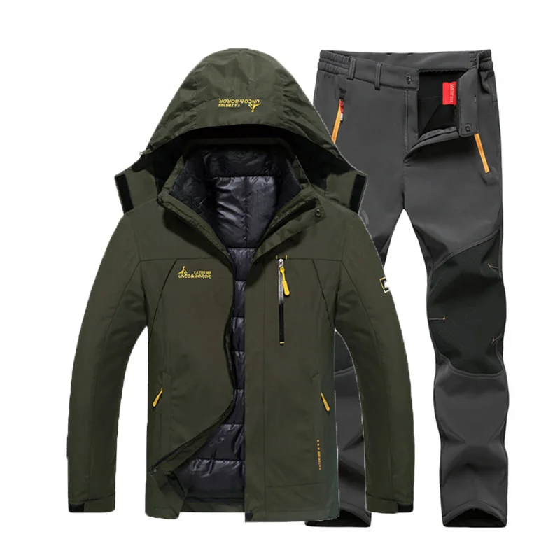 Более размера d мужские зимние водонепроницаемые треккинговые походные лагеря лыжные ползунки теплые плюс размер 3 в 1 хлопковые уличные куртки 6XL брюки костюм - Цвет: Green Gray Suit