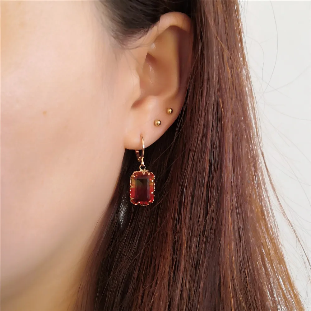 

2019 New Arrivals Gorgeous Shiny Earrings Red Yellow two Tone Sqaure Stone Charm Drop Earrings For Women Girl Tiny Jewelry
