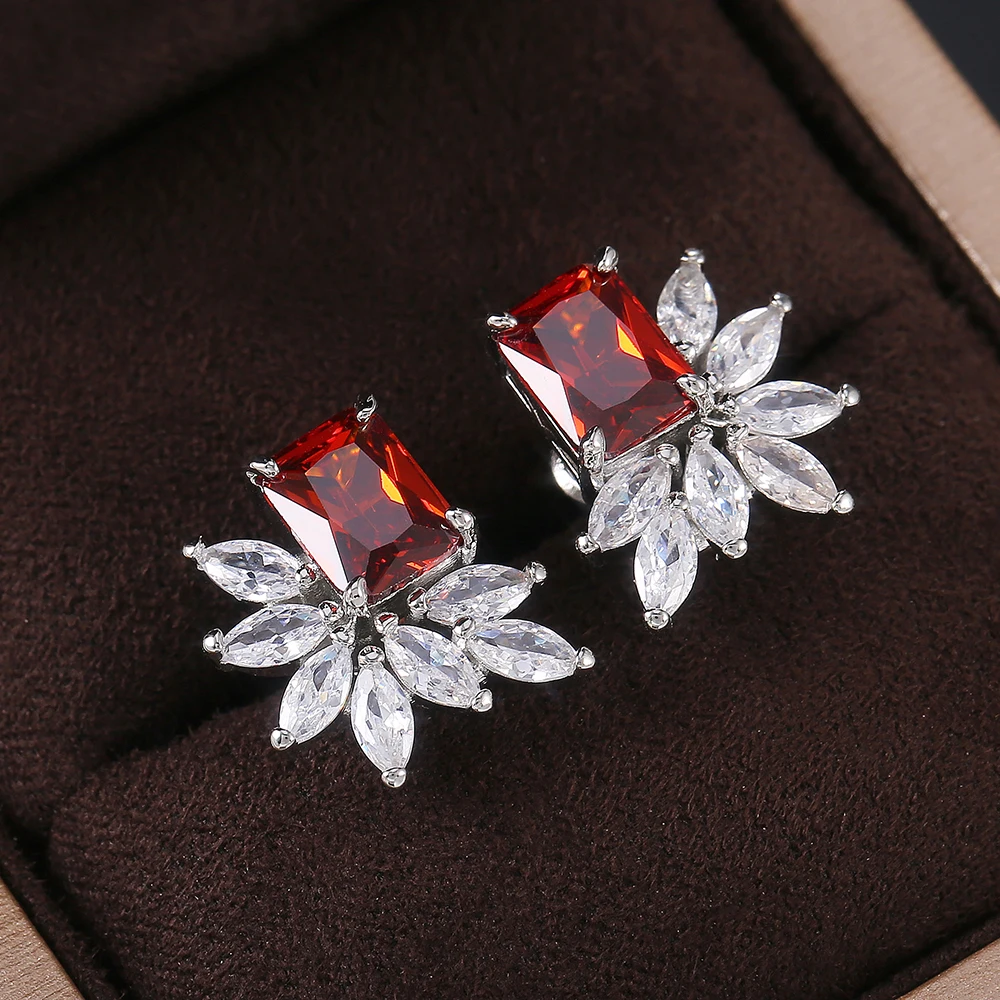 Huitan Luxury Square with Marquise CZ Stone Women Stud Earrings for Party 3 Colors Delicate Gift Dazzling Lady’s Wedding Jewelry