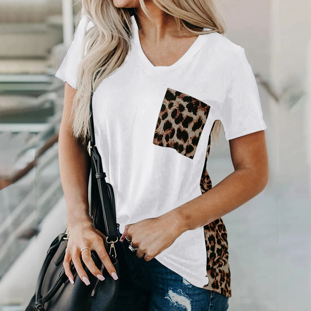 Женский леопардовый принт пэтчворк футболка с v-образным вырезом коротким