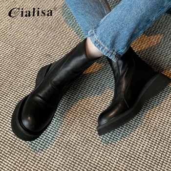 

CIALISA Women Boots Winter New Handmade Genuine Leather Chunky Heel Round Toe Shoes 2020 Fashion High Heel Ankle Boots