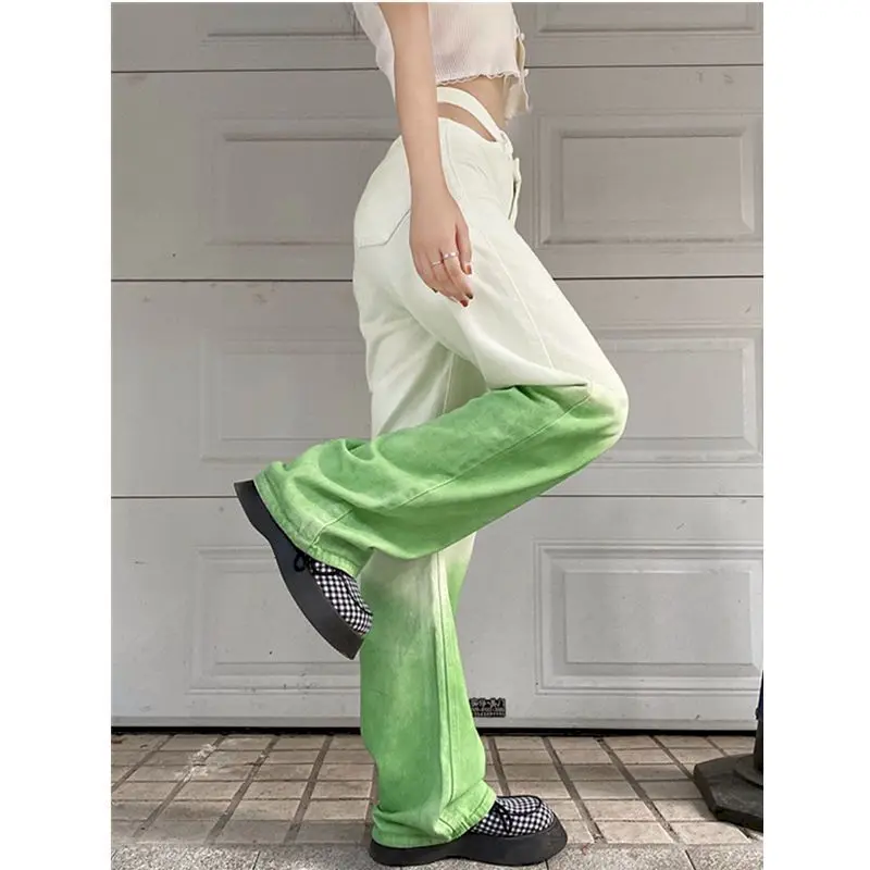 Women Wide-leg Pants Thin High-waist Gradient Female Trousers Straight-leg Sports Green Casual Street Skateboard Loose Trend