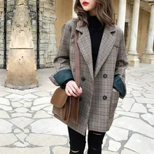 Зимние женские блейзеры в клетку приталенный жакет пиджак винтажный офисный Женский блейзер длинный рукав свободный костюм Блейзер для женщин