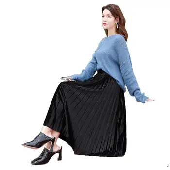 

Chic Women Autumn Pleuche Solid Color Glossy Pleated High Waist Midi Long Skirt
