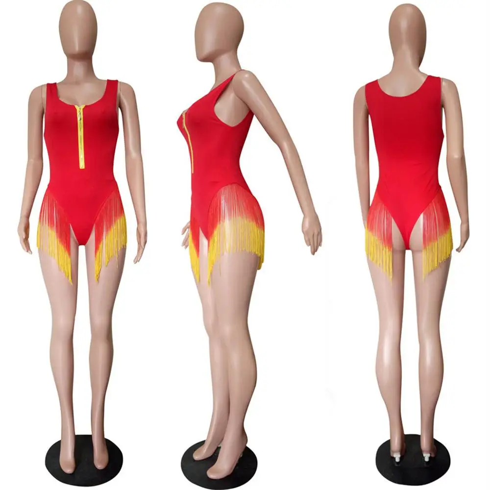 Женский купальник без рукавов на молнии облегающий боди с кисточками пляжная