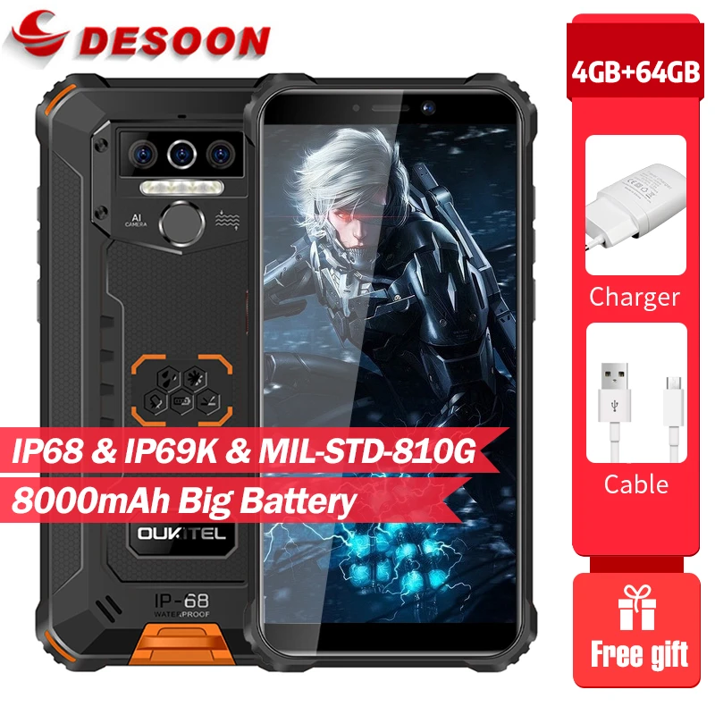 OUKITEL WP5 Pro IP68 Waterproof Smartphone 4GB RAM +64GB ROM 8000mAh Android 10 13MP Triple Camera  5.5 inches  Mobile Phone cheap gaming cell phone