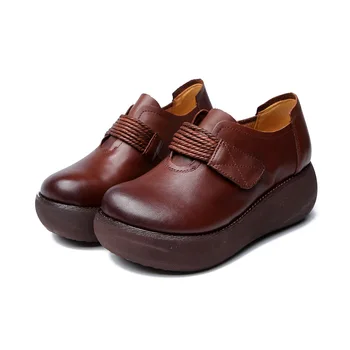 

New Spring Autumn Genuine Leather Women Medium Heels Shoes Round Toe Loop and Hook Leather Pumps Women Wedge Platform Shoes 5.0