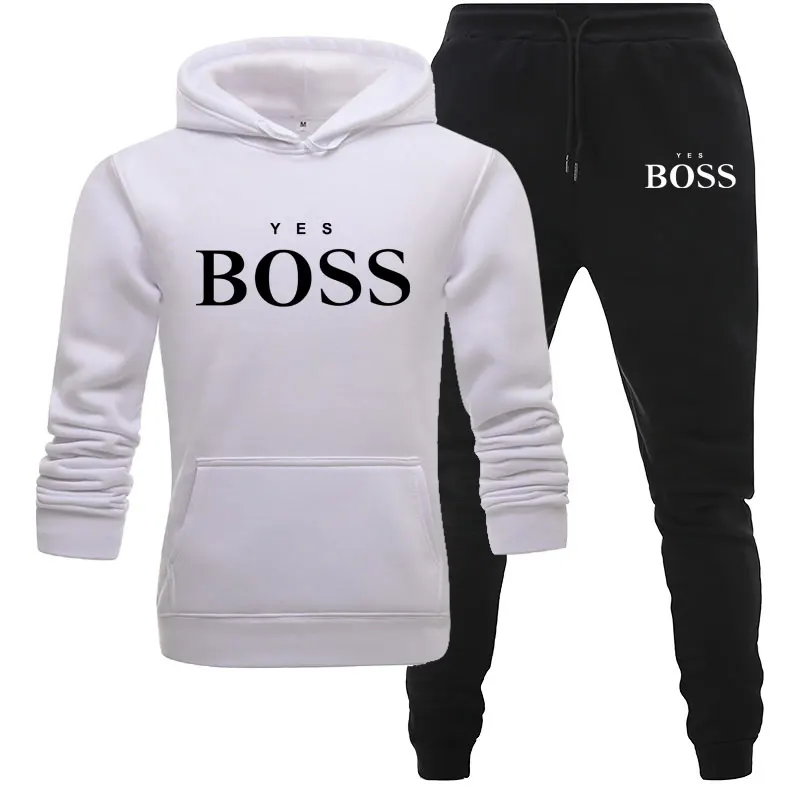 Для мужчин да принт Boss костюм Двойка комплект толстовки с капюшоном + брюки для