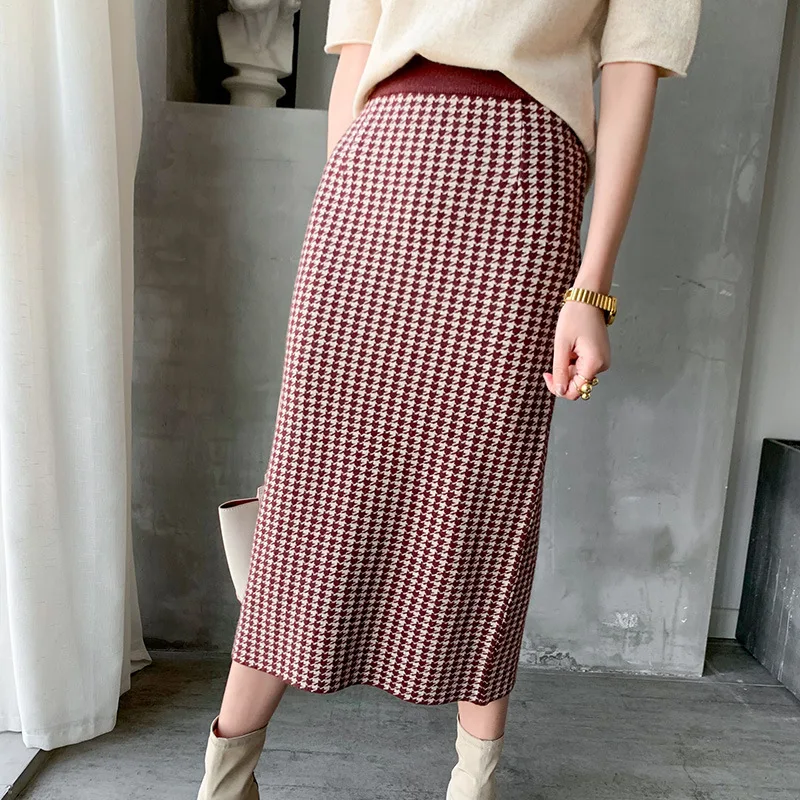 

2020 Spring New Style Graceful Plaid Mid-length Skirt Women's A- line Skirt High-waisted Knitted Long Skirts Skirt