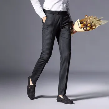 

Men's Trousers Autumn Leisure DP Slim Feet Elastic Straight Young Business Stripe Anti-Wrinkle