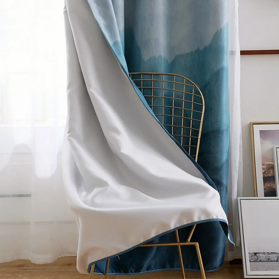 Physical Bedroom Blackout Curtains Modern Minimalist Gradient Blue Mountain Scenic Pattern Curtain For Living room Panel AF056-5