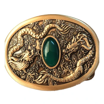 

Vintage Antique Pure Brass Copper Big Belt Buckle Two-Dragons with Jade Cowboy Mens Fashion Gift
