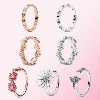 

925 Sterling Silver Ring Rose Pink Daisy Flower Trio With Crystal Rings Pan Ring For Women Wedding Party Gift Fashion Jewelry