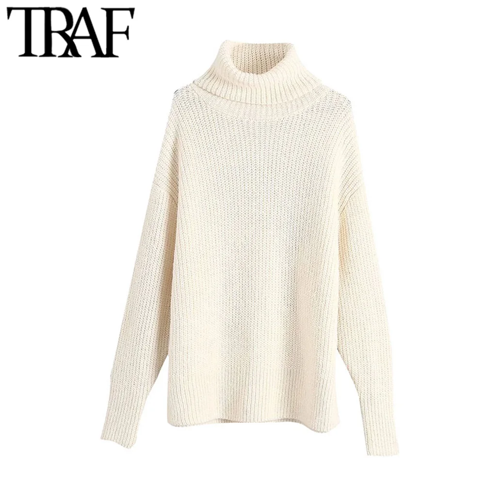 

TRAF Women Vintage Stylish Thick Warm Turtleneck Oversized Knitted Sweater Fashion Long Sleeve Side Vents Pullovers Chic Tops