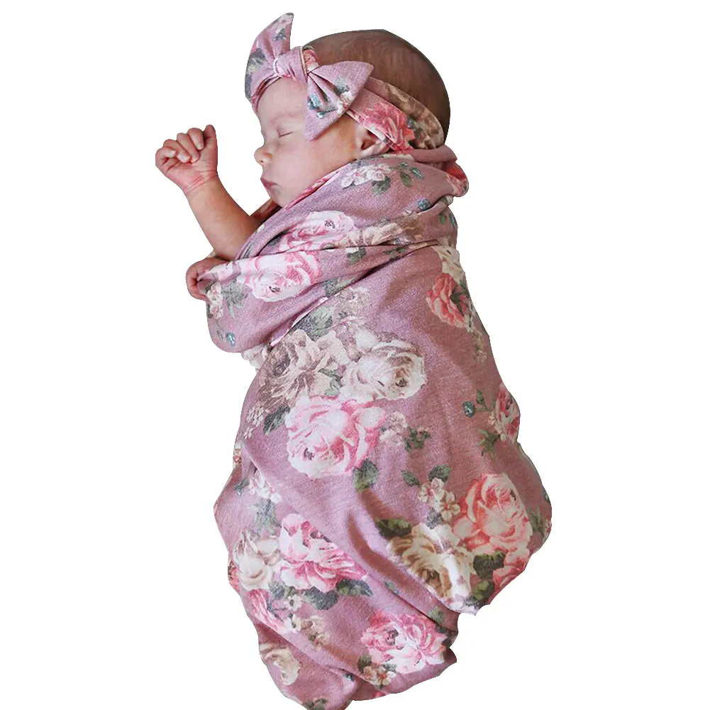 

Infant Floral Headband Wrap Swaddle Receiving Blanket Set Newborn Comfortable Cute Baby Bedding Sleeping Soft Bowknot Warm