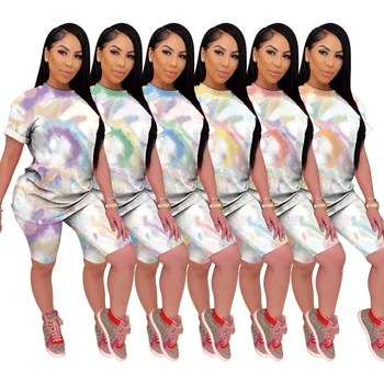 

Ladies' Home Wear Tie-dye Sports Two-piece Summer Short-sleeved Round Neck Top Five-point Pencil Pants Pajamas Set Pijama Mulher