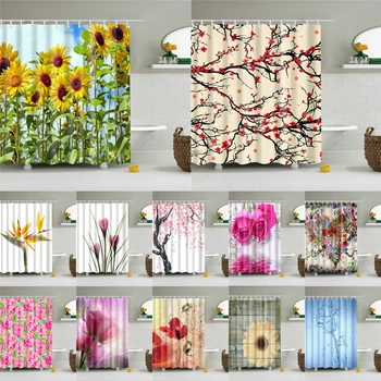 

Washable Bath Screen Curtains with Hooks High Quality Polyester Shower Curtain In The Bathroom Home Decoration Flowers Prints