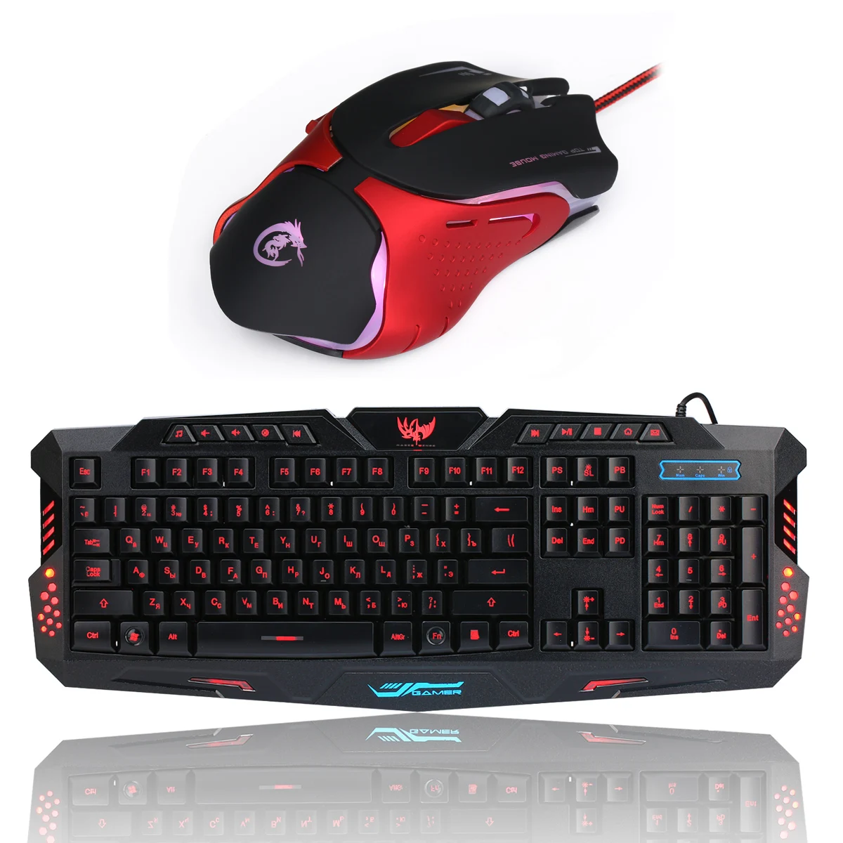 

Russian English LED Red Dragon Gaming Keyboard HXSJ Mouse Combo Multimedia Shortcuts Keyboard 6 Buttons 3200DPI Switcher Mice