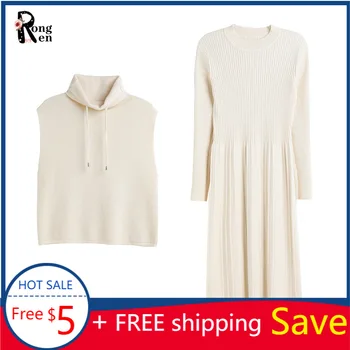 

Women's Autumn Winter New Knitted Vest Dress 2 Sets of Woolen Fashion Leisure Fall Clothes for Women Two Peice Sweater Sets
