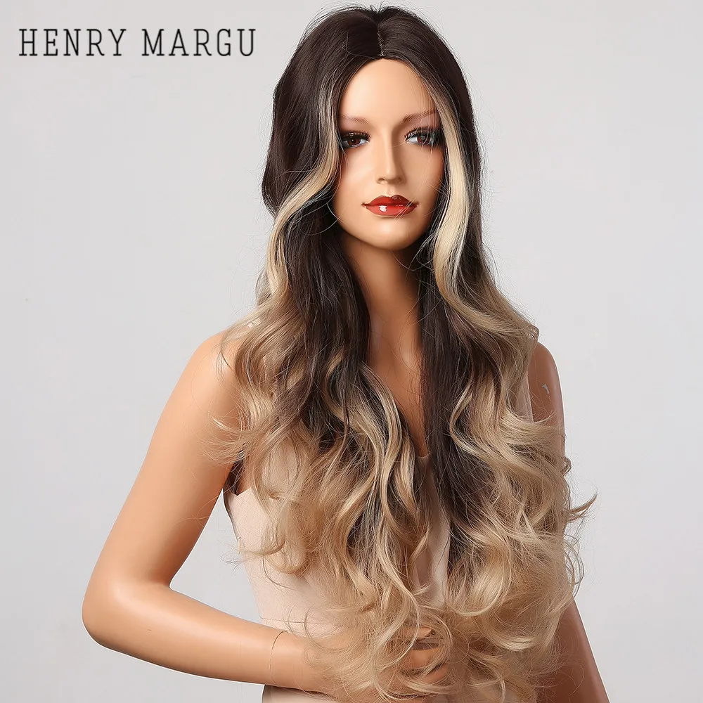 

HENRY MARGU Deep Wave Brown Blonde Ombre Wigs Long Synthetic Natural Christmas Cosplay Wigs Heat Resistant Hair Wigs For Women
