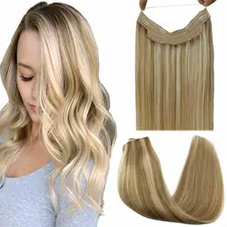 POPUKAR Straight Halo Hair Extensions Human Hair Invisible Wire Hair Extensions Remy Hair Fishing Wire with 4 Clips